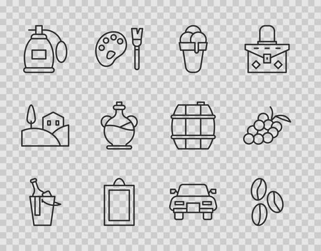 Set line Bottle of wine in bucket, Coffee beans, Ice cream, Picture, Perfume, olive oil, Car and Grape fruit icon. Vector