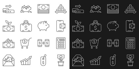 Set line Money plant in the pot, Calculator, Mobile banking, Stacks paper money cash, Briefcase and, Pos terminal and Piggy icon. Vector