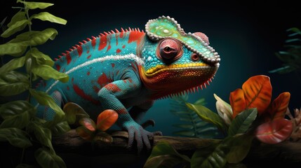 Obraz premium a colorful chamelon sitting on top of a tree branch in front of green leaves and a dark background. generative ai