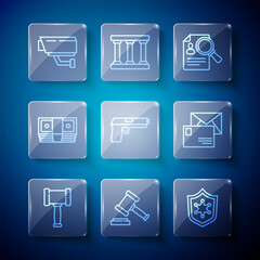 Set line Judge gavel, Police badge, Paper analysis magnifying, Pistol or gun, Bribe money cash, Security camera and Envelope icon. Vector