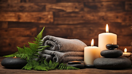 Obraz na płótnie Canvas Towel on fern with candles and hot stone on wooden background. backdrop with copy space