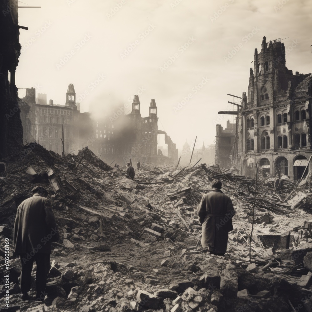 Poster two men are seen walking through a destroyed city. this photo can be used to depict post-apocalyptic