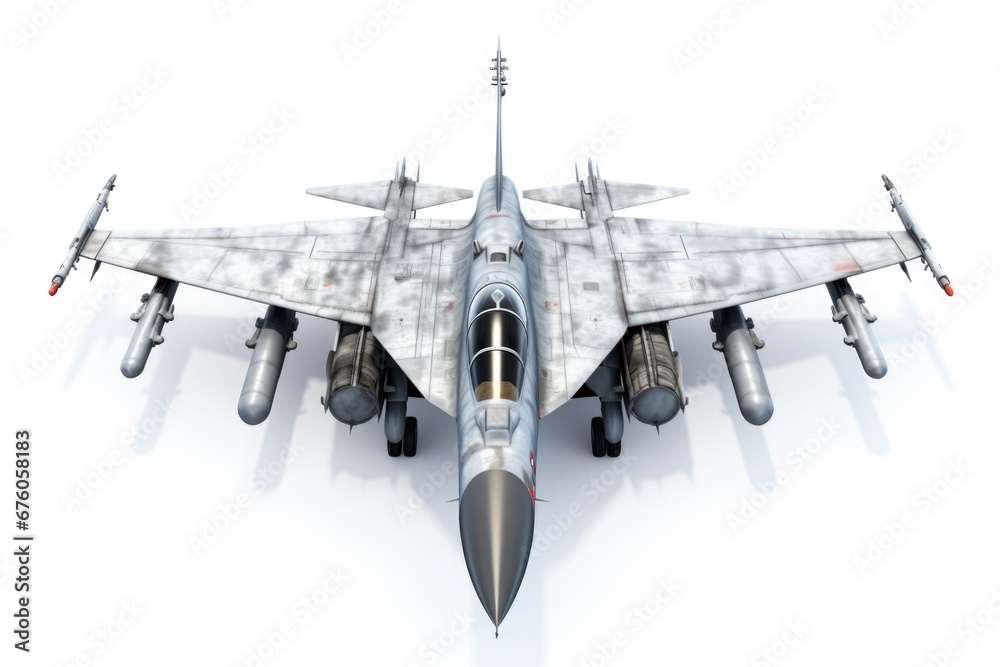 Poster A powerful fighter jet is displayed on a clean white surface. This image can be used to represent military power and aviation technology.