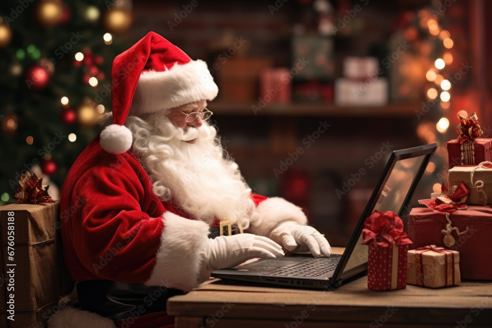 Aufkleber Santa Claus sitting at a table and using a laptop. This image can be used to represent Santa Claus working or using technology during the holiday season.