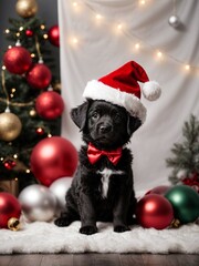 Obraz premium Cute black puppy wearing Santa Claus red hat near the Christmas tree. Merry Christmas and Happy New Year decoration around (balls, toys and gifts). New Year postcard