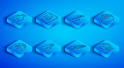 Set line Fish, Sushi on cutting board, Eel fish, Lobster or crab claw, steak, Caviar, Shrimp and Jellyfish icon. Vector