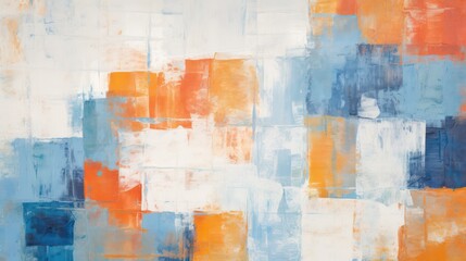 
An abstract vintage rough texture with multi-colored orange and blue art strokes, featuring oil brush strokes, palette knife painting, and overlapping square layers with complementary colors.