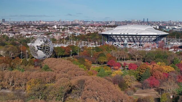 Aerial shot of Flushing Meadows Park, Queens. Shot on an autumn morning in New York City.