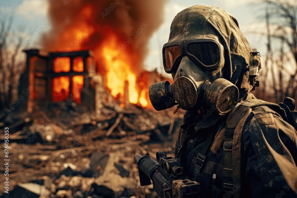Poster a man wearing a gas mask standing in front of a fire. this image can be used to represent concepts s