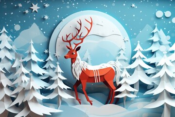 A beautiful paper art of a reindeer in a snowy forest. Perfect for winter-themed designs and holiday decorations.