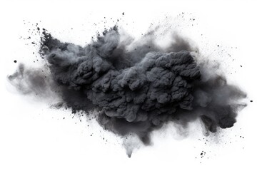A black cloud of smoke against a white background. Can be used to represent pollution, fire, or danger.
