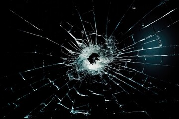 A broken glass window with a hole in it. This image can be used to depict vandalism, property damage, or the need for repairs. - Powered by Adobe