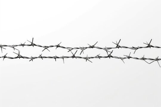 A black and white photo capturing the sharpness and intricacy of barbed wire. This image can be used to depict concepts of confinement, boundaries, security, or danger.