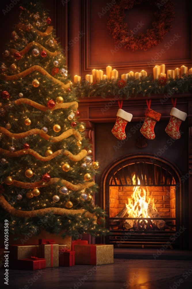 Poster a festive scene featuring a beautifully decorated christmas tree and a cozy fireplace. perfect for a