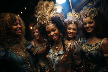 women of different ethnicities enjoy the carnival party, they are dressed up in costumes and are smiling and happy. they wear masks on their heads. - obrazy, fototapety, plakaty