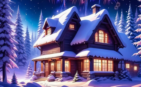 Fantastic winter landscape with festive fireworks. New Year. AI