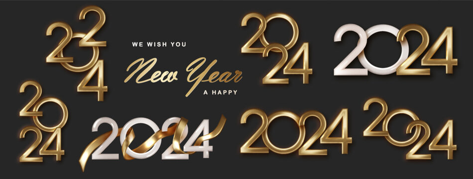 Collection 2024 gold numbers for New Year greeting cards, banners or posters vector illustration. Compositions from golden numbers 2024.