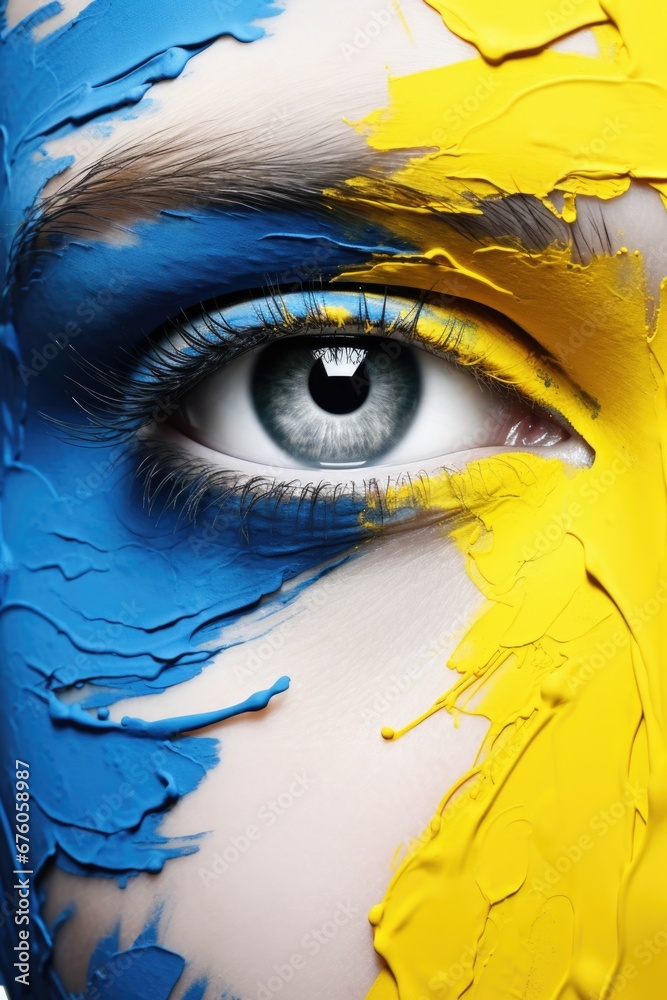 Aufkleber A close-up view of a person's face with vibrant paint. This image can be used for artistic and creative projects.