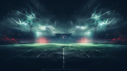 textured soccer game field with neon fog - center - obrazy, fototapety, plakaty