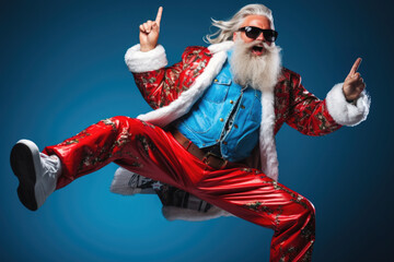 A man dressed as Santa Claus wearing sunglasses and performing a trick. Perfect for holiday-themed events and entertainment.