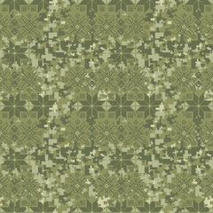 Vector seamless pattern with Ukrainian ornament. MM 14. Military background. Khaki digital pixel tiles. Modern camo uniform for soldiers in the war.