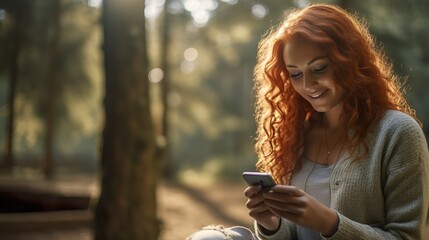 Young Red Haired Woman Typing on Smartphone - Soft Palette, Knitted Textures, Pointillist Portrait