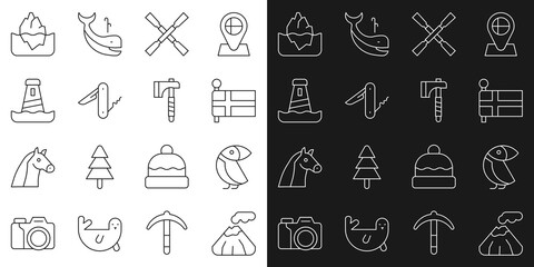 Set line Volcano, Albatross, Flag of Iceland, Oars or paddles boat, Swiss army knife, Lighthouse, Iceberg and Wooden axe icon. Vector