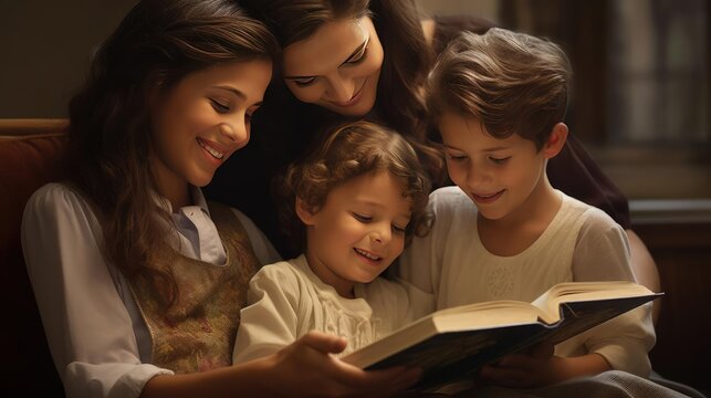 Family with children reading a book