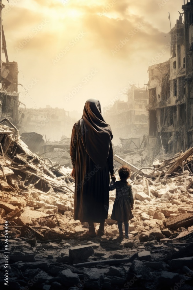 Poster a man and a child walking through a destroyed city. this image can be used to depict post-apocalypti