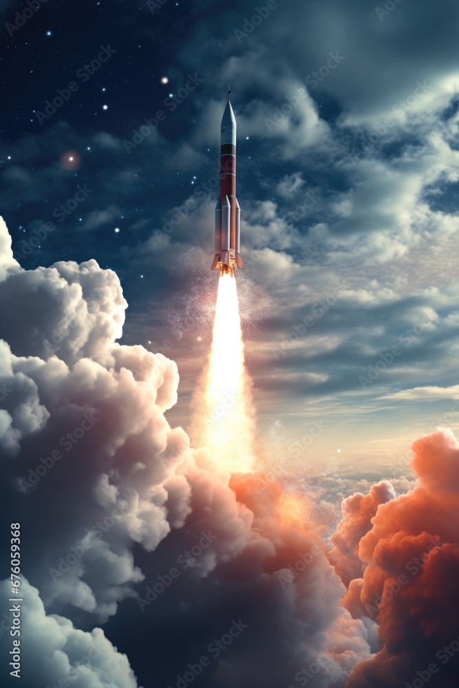 Poster A rocket is shown taking off into the sky filled with clouds. This image can be used to depict space exploration, technological advancements, or the concept of reaching for the stars
