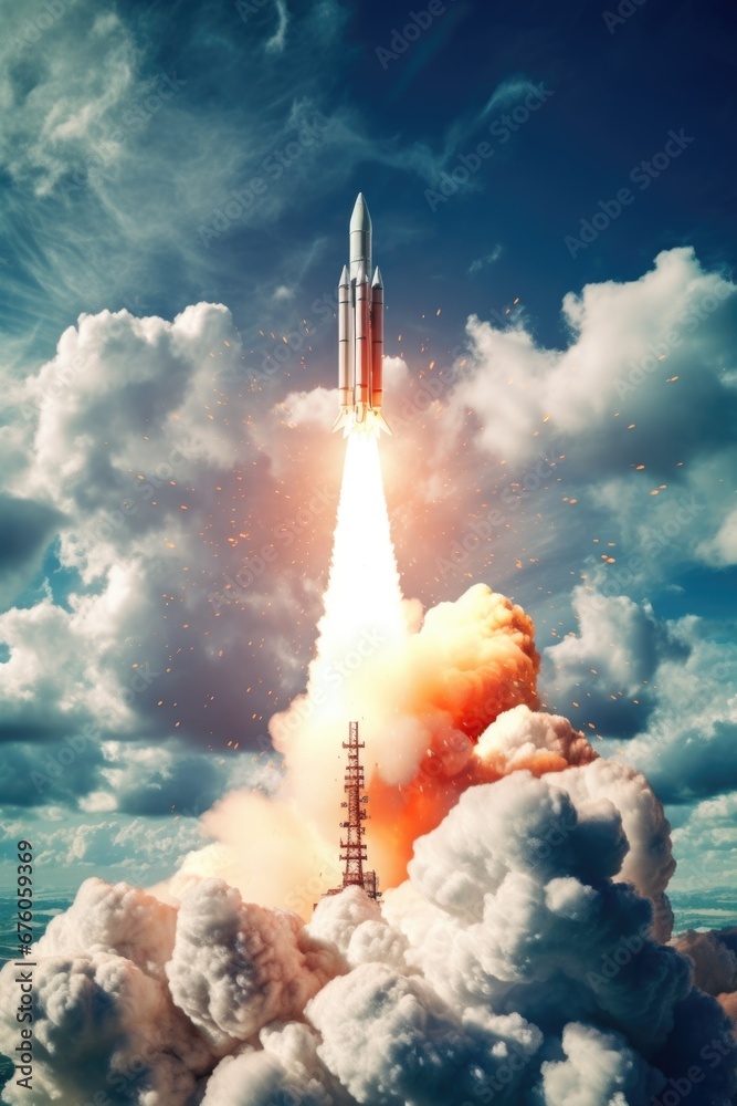 Poster A powerful rocket taking off into the sky filled with fluffy clouds. This image can be used to depict the excitement of space exploration and technological advancements