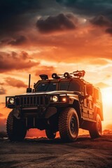 Fototapeta premium A military vehicle parked on a dirt road at sunset. Ideal for military and war-related projects