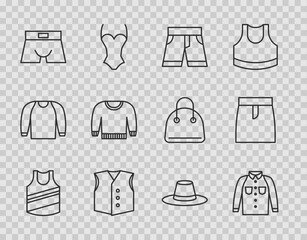 Set line Undershirt, Shirt, Short or pants, Waistcoat, Men underpants, Sweater, Man hat and Skirt icon. Vector