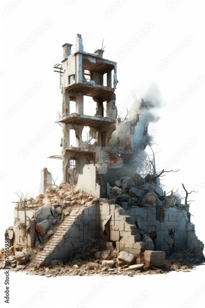 Poster A picture of a building in the background with a pile of rubble in the foreground. This image can be used to depict destruction, construction, or urban decay