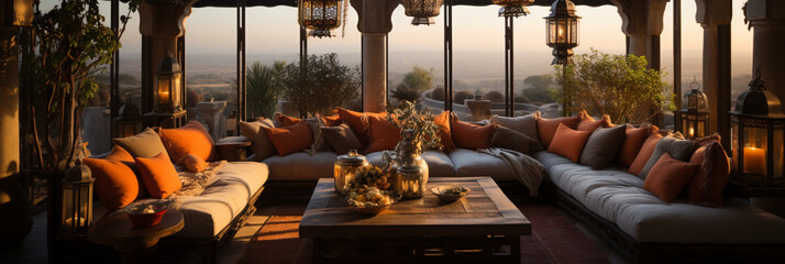 Naklejka premium Interior design of Spacious modern Lounge area, Cozy Brown and Orange Sofa