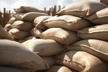 Obraz premium A pile of sand bags sitting on top of a wooden fence. This image can be used to depict fortification, protection, or construction projects