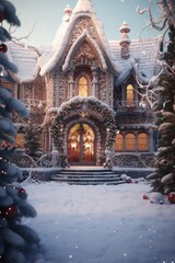 A charming Christmas scene featuring a house surrounded by snow. Perfect for holiday-themed projects and winter advertisements