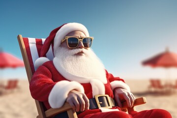 A picture of Santa Claus sitting in a chair on the beach. Perfect for holiday-themed designs and advertisements - obrazy, fototapety, plakaty