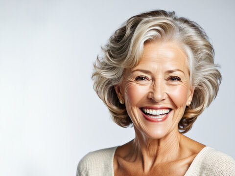 Beautiful gorgeous 60s elderly  model woman with grey hair laughing and smiling. . Healthy face skin care beauty, skincare cosmetics, dental, 