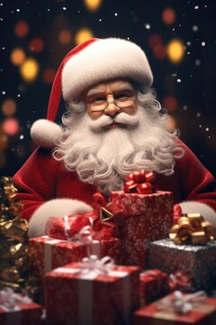 A close up of a Santa Claus figurine surrounded by presents. This picture can be used to depict the holiday season and the joy of gift-giving