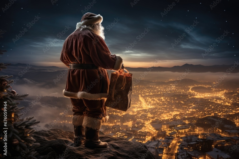 Poster A man dressed as Santa Claus standing on top of a mountain. Perfect for holiday-themed designs and Christmas promotions