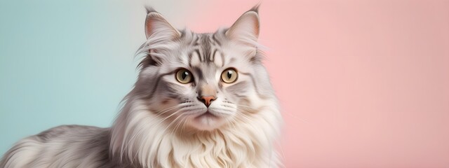 American Curl cat on a pastel background. Cat a solid uniform background, for your advertising and design with copy space. Creative animal concept. Looking towards camera.