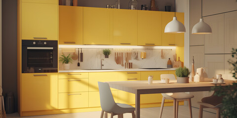 Cozy kitchen interior in yellow color in modern house.