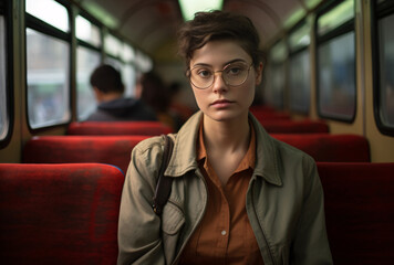 woman wearing glasses sits on a subway train commuting, going to work or school, queer academia - obrazy, fototapety, plakaty