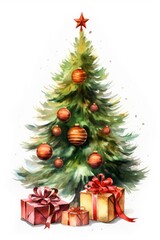 Obraz na płótnie Canvas A beautiful watercolor painting of a Christmas tree adorned with colorful presents underneath. Perfect for holiday-themed designs and festive decorations