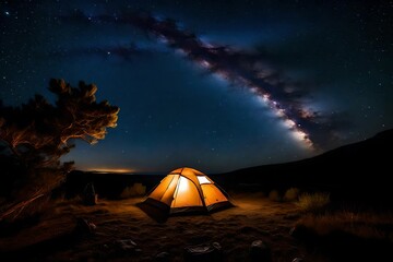 bright lighten tent at night under a starry sky  - obrazy, fototapety, plakaty