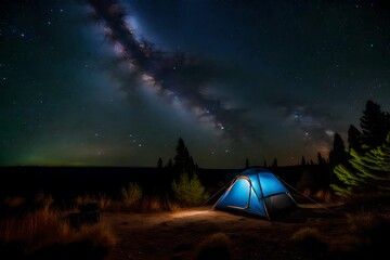 bright lighten tent at night under a starry sky  - obrazy, fototapety, plakaty