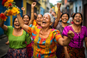 Hispanic woman cheering and dancing in the streets with colorful dresses on, holiday festive event