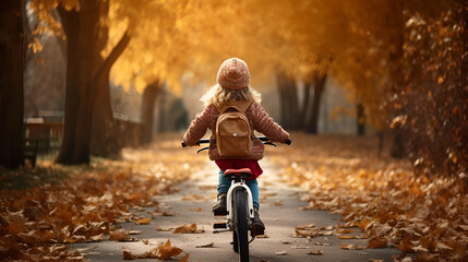 Family cycling in autumn, walking along paths in the park, rear view.
