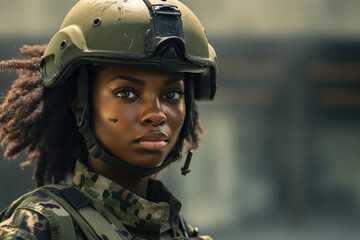 A woman wearing a military uniform and a helmet. This image can be used to depict a female soldier or military personnel in various situations